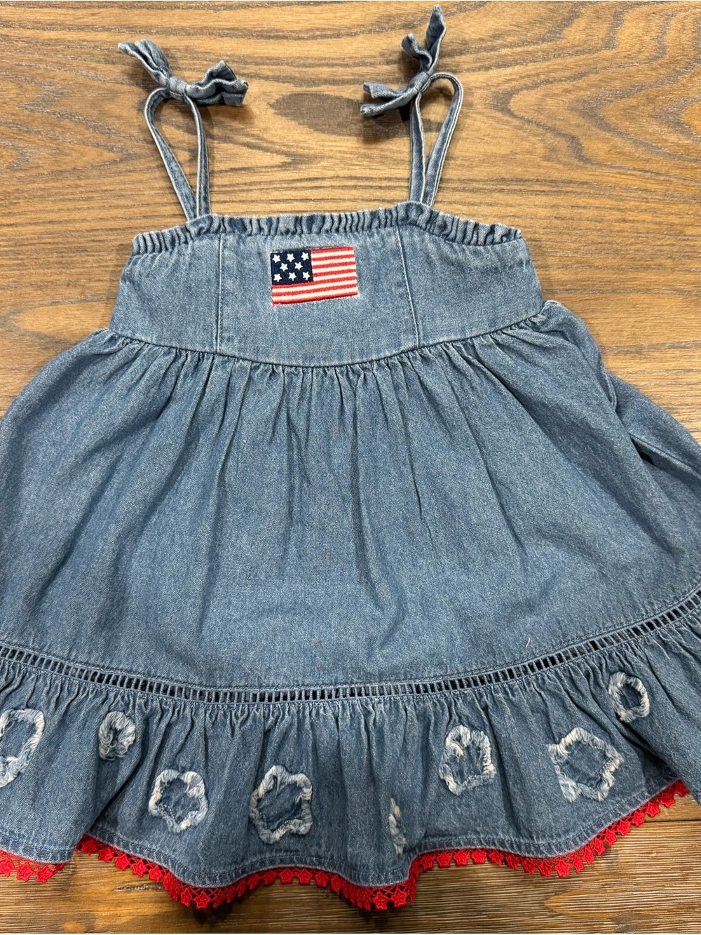 Tommy Bahama | Blue Denim Tie-Shoulder Sundress with American Flag Patch | 18 mo
